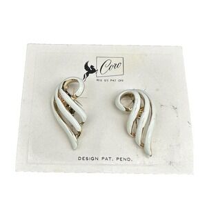 Vintage Signed Coro White Silver‎ Tone Enamel Swirl 1960s Screw back Earrings